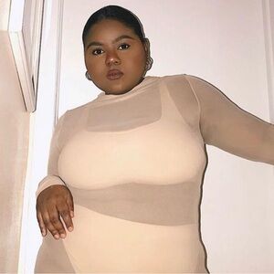 Nude Sheer Long Sleeve Sheer Mesh Maxi Dress